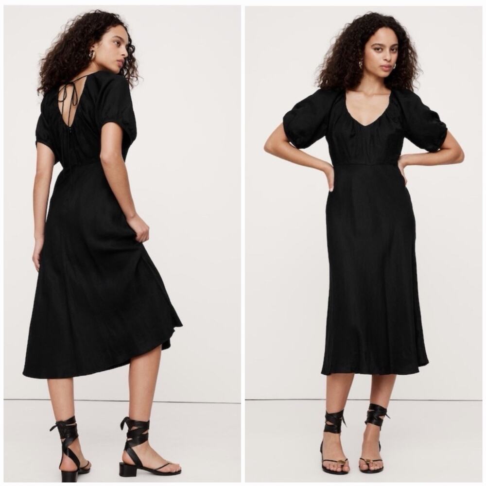 Banana Republic Sz 8 Petite Black Viscose-Linen Ruched Puff Sleeve Midi Dress